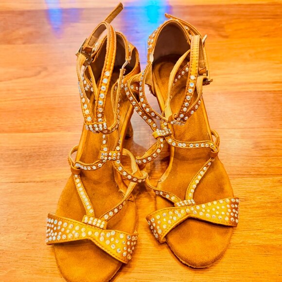 Gold Strappy Suede Bottom Salsa Dance Heels - Picture 2 of 3
